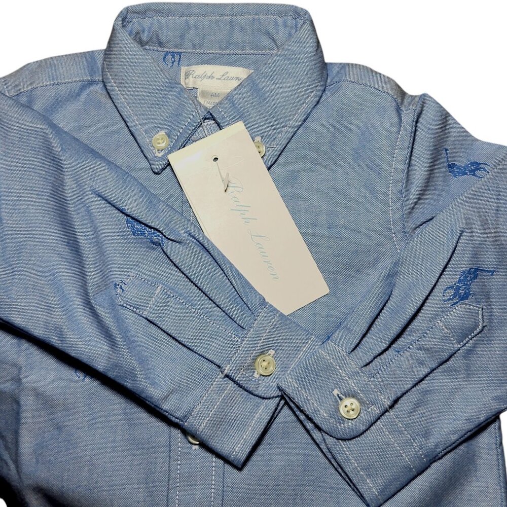 Polo Ralph Lauren Chambray Blue Baby Shirt Allover Pony Logo Long Sleeve, 6M NWT - Picture 6 of 14